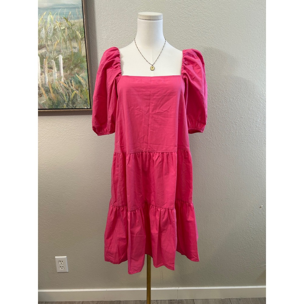H&M Pink Cotton Poplin Puff Sleeve Tiered Babydoll Mini Dress Square Neck XS/M